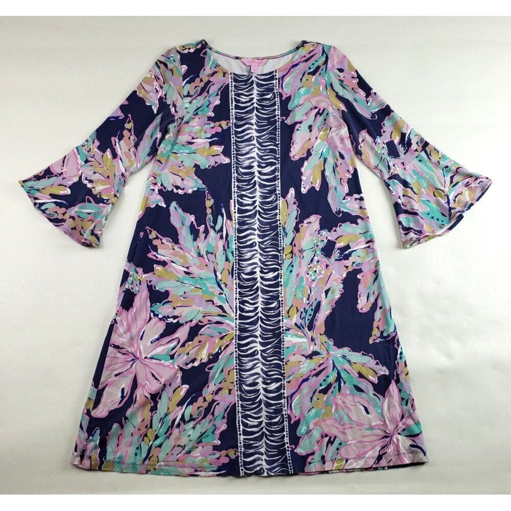Lilly Pulitzer Ophelia Swing Dress Womens Small Blue Floral 3/4 Sleeve Short